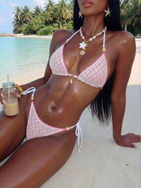 Pink Women's Hollow Out Shell & Pearl Decor Sexy Triangle bikini